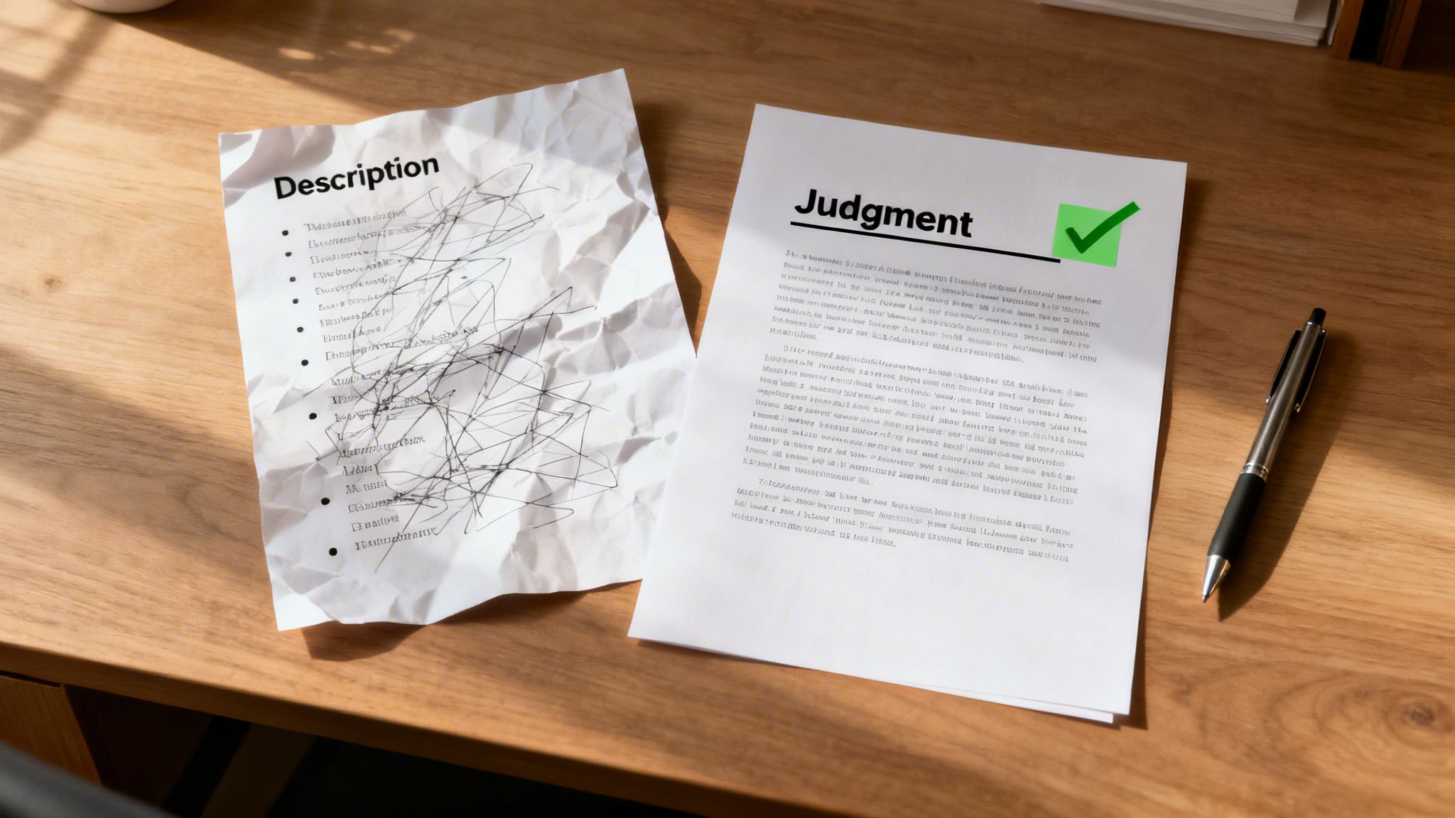 Two papers on a wooden desk, one crumpled "Description" with scribbles, the other "Judgment" with a green checkmark and a pen.