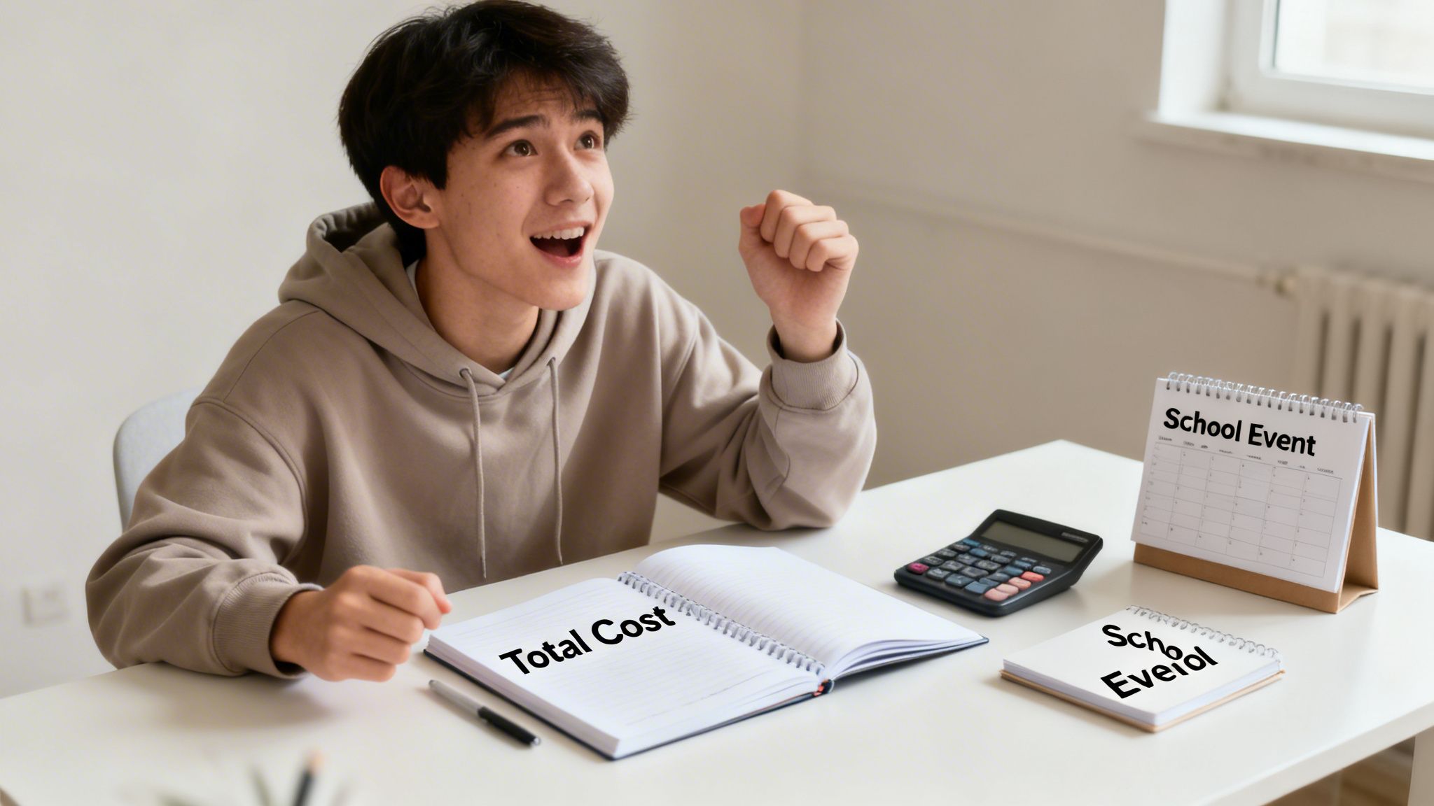 A young man, looking excited, calculates expenses at a desk with a 'Total Cost' notebook and 'School Event' calendar.