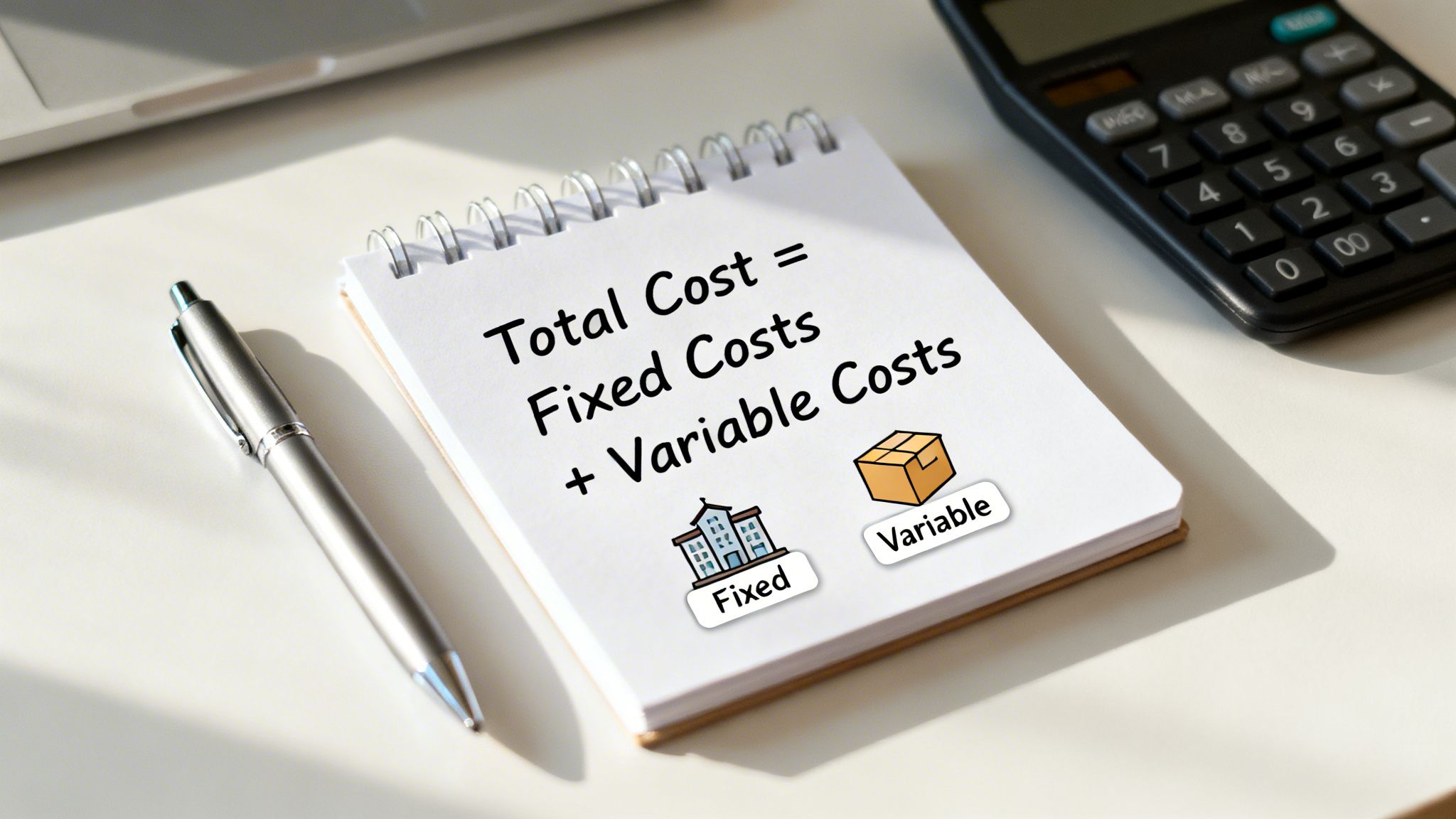 A notebook displays the formula for total cost, differentiating between fixed and variable costs with illustrations, next to a pen and calculator.