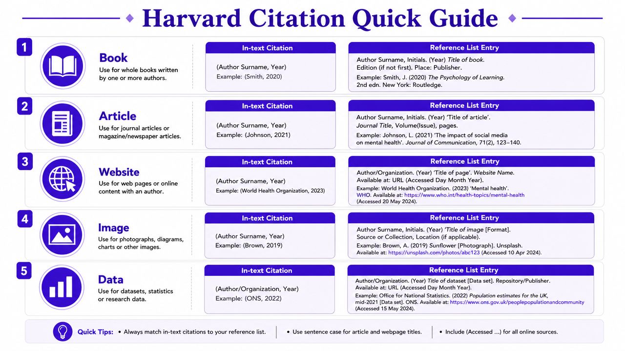 A quick reference guide for Harvard referencing style covering books, articles, websites, images, and data citations.