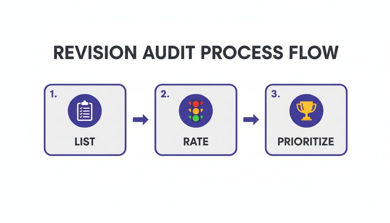 Infographic showing a revision audit process flow with list, rate, and prioritize steps.