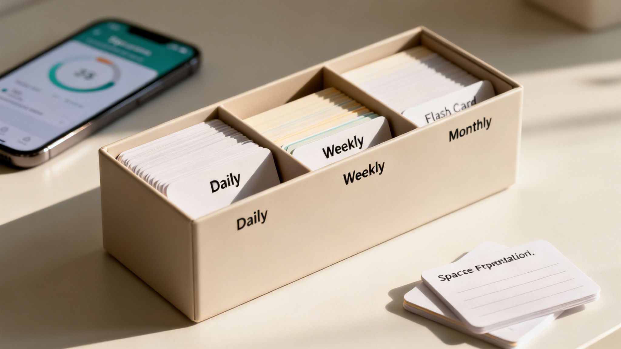 An organized study setup featuring a flashcard box for daily, weekly, and monthly revision, alongside a smartphone.