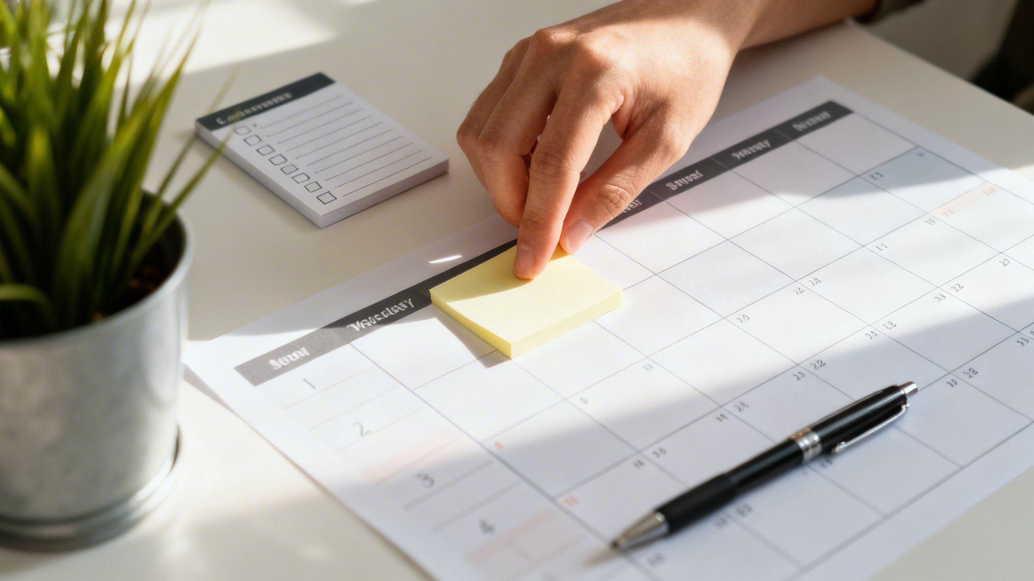 A hand places a yellow sticky note on a calendar, beside a checklist and pen, for revision planning.