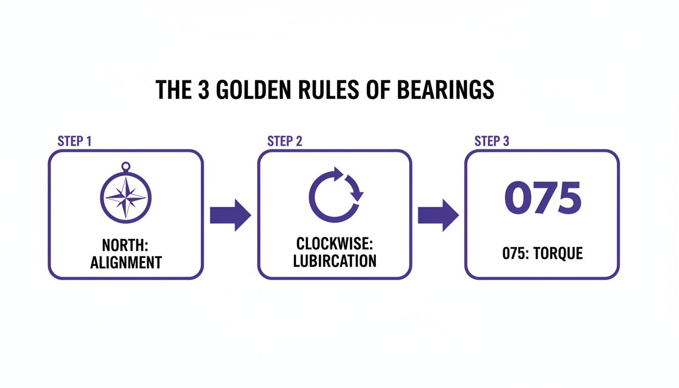 Diagram illustrating the three golden rules of bearings: alignment, lubrication, and torque.