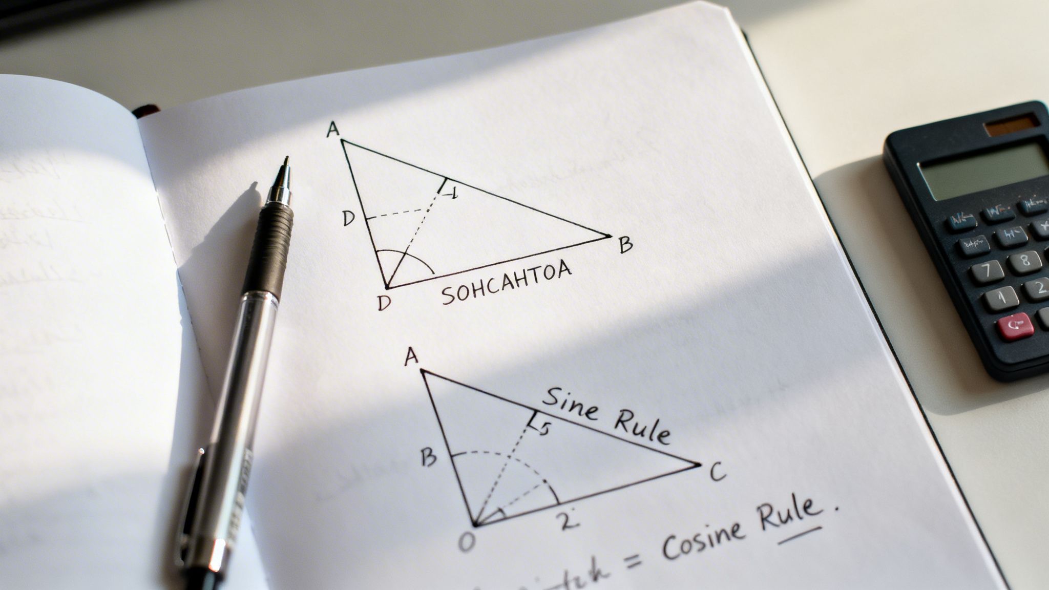 A notebook with trigonometry diagrams, SOHCAHTOA, Sine Rule, and Cosine Rule formulas, along with a pen and calculator.