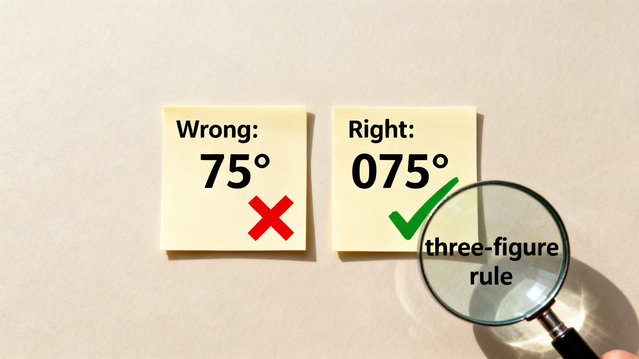 Sticky notes illustrate the 'three-figure rule' for bearings: 'Wrong: 75°' vs 'Right: 075°'.