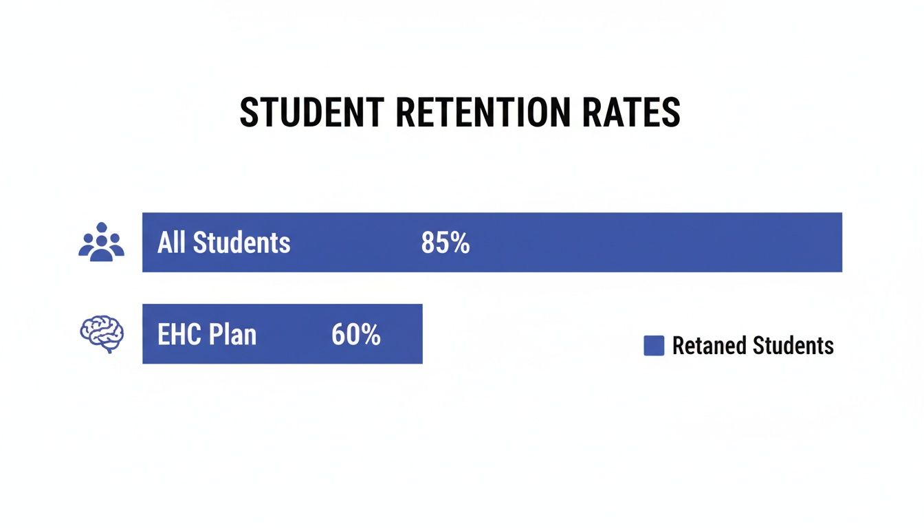 A bar chart illustrates student retention rates: 85% for all students and 60% for EHC Plan students.