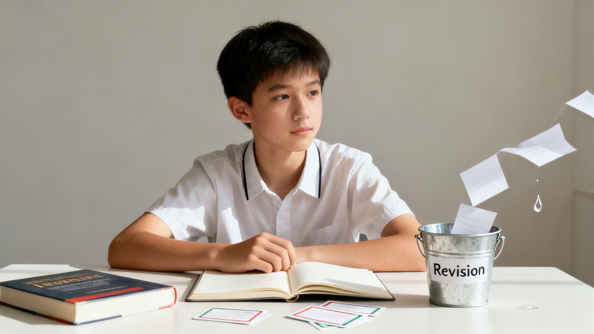 A thoughtful student sits at a desk with books, flashcards, and a 'Revision' bucket, symbolizing learning.