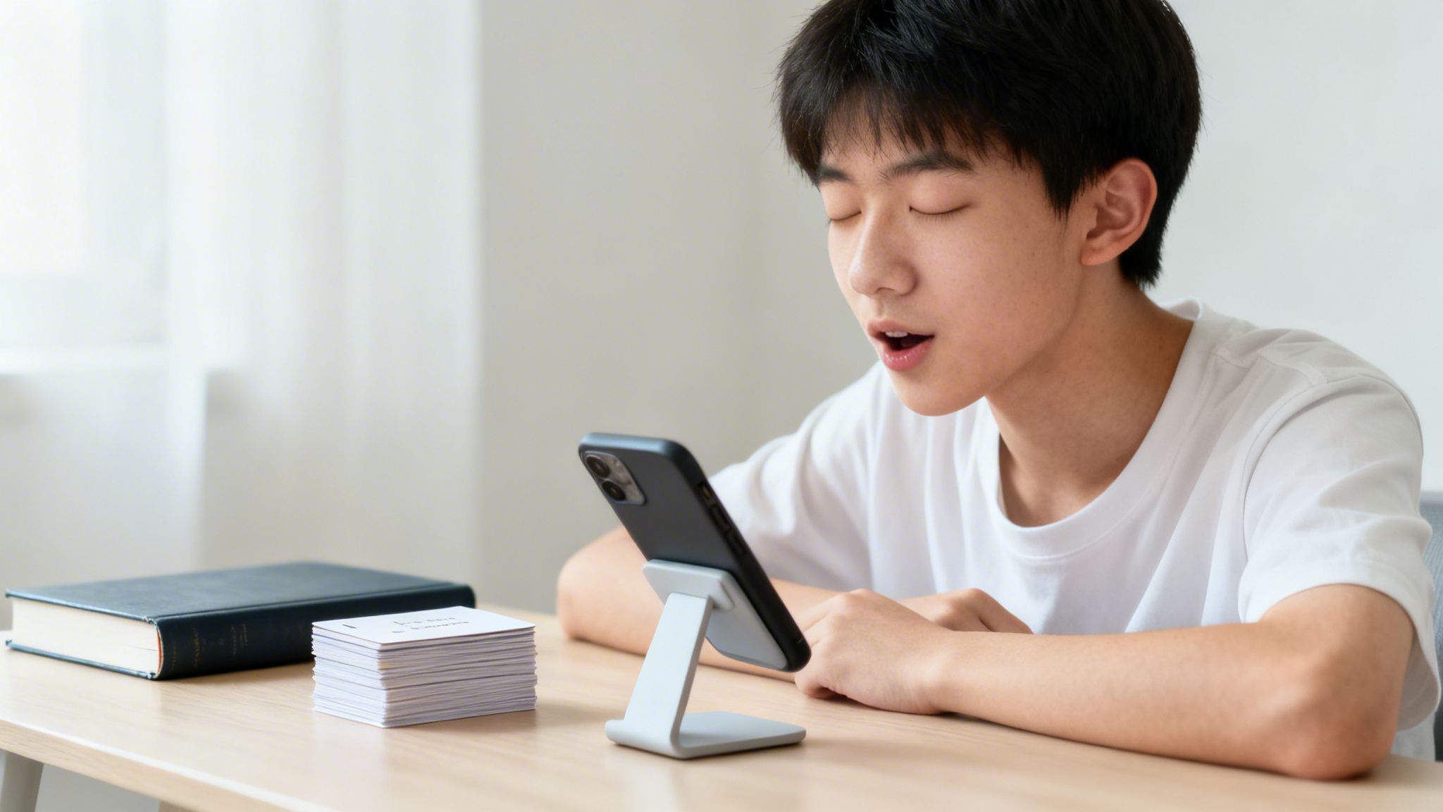 Young student with closed eyes concentrating on a phone screen, surrounded by study materials.