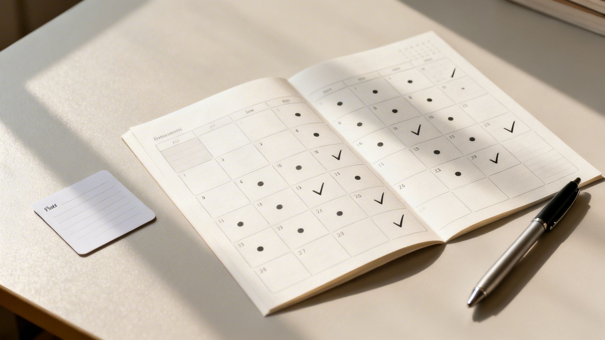 A light-colored desk with an open planner showing a calendar page, a pen, and a small note card.