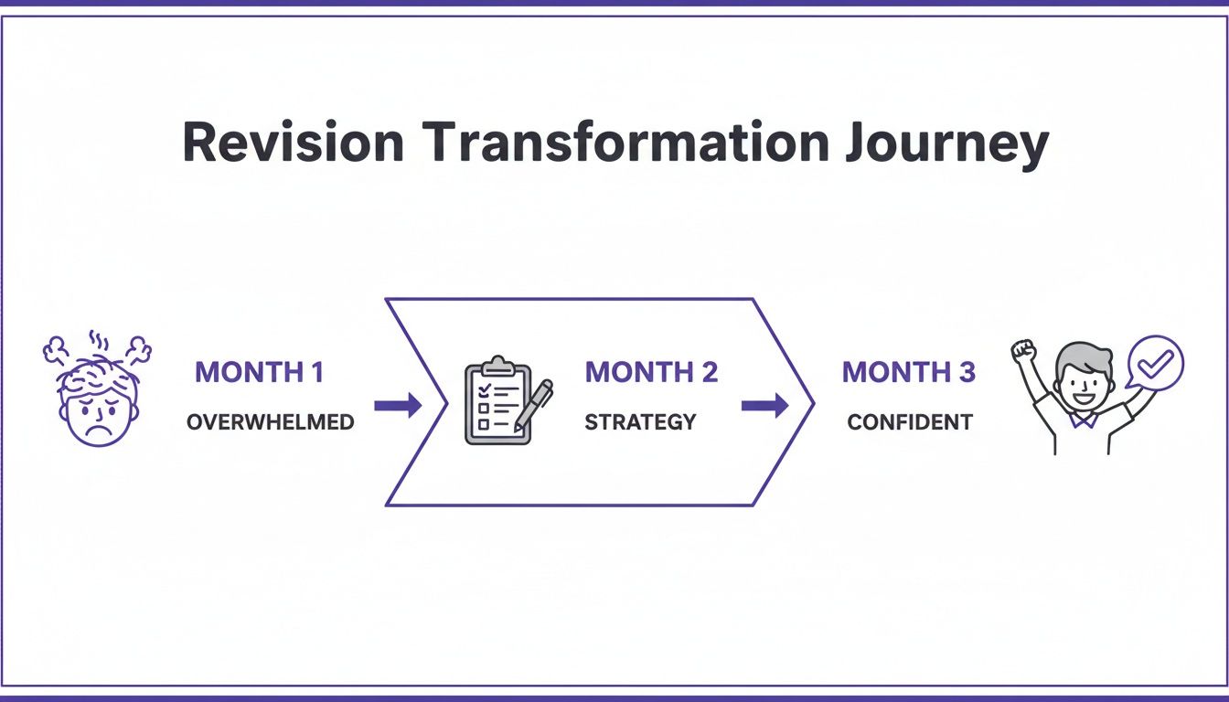 An infographic showing a three-month revision transformation journey from overwhelmed to confident using strategy.