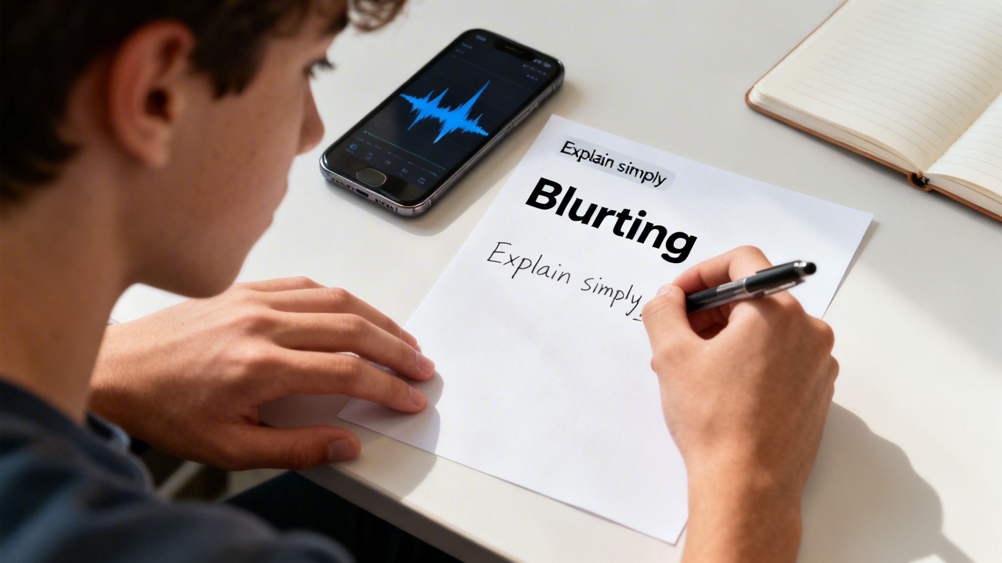 A student at a desk writing about "Blurting" with a phone displaying a waveform and an open notebook.