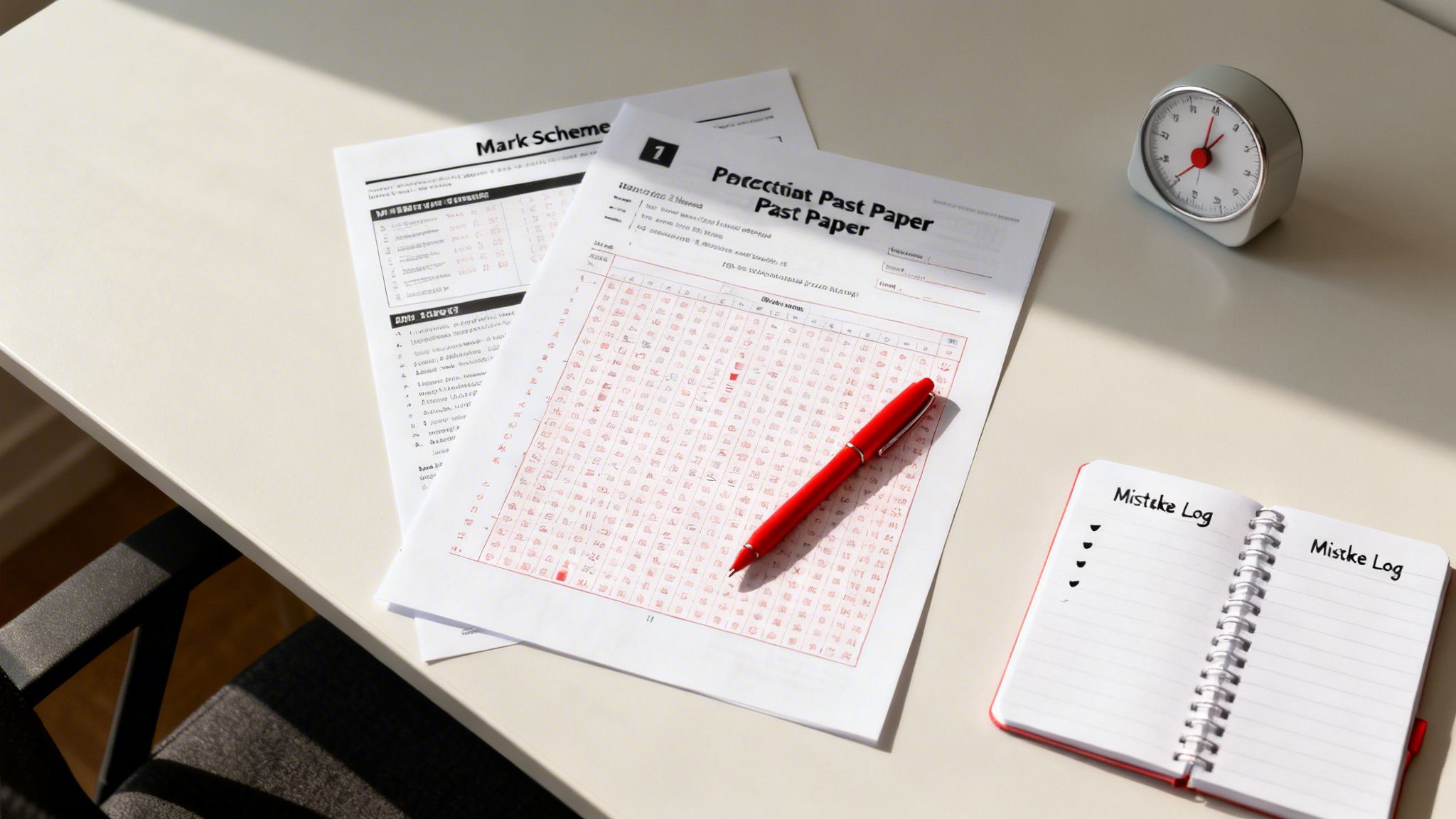 A brightly lit study desk features a mark scheme, past paper, red pen, alarm clock, and mistake log for exam revision.