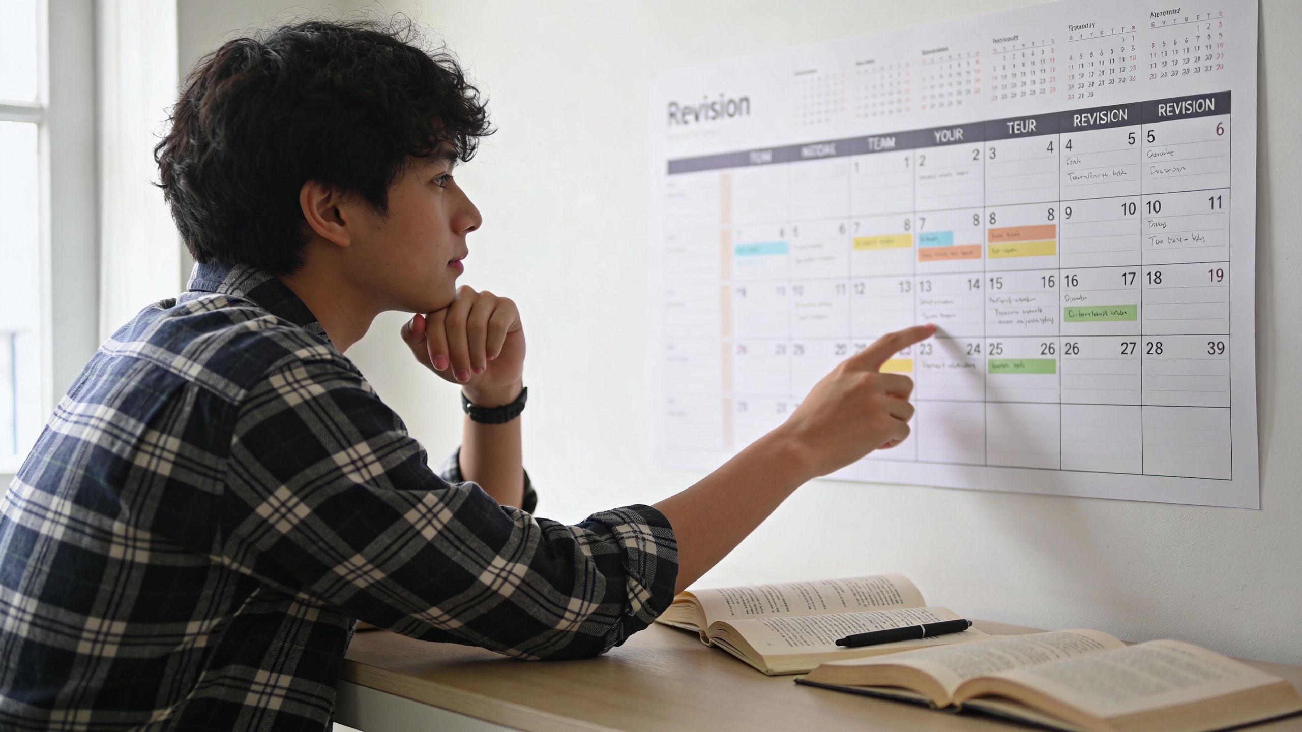 A student in a plaid shirt sits at a desk, planning his study schedule on a wall calendar.