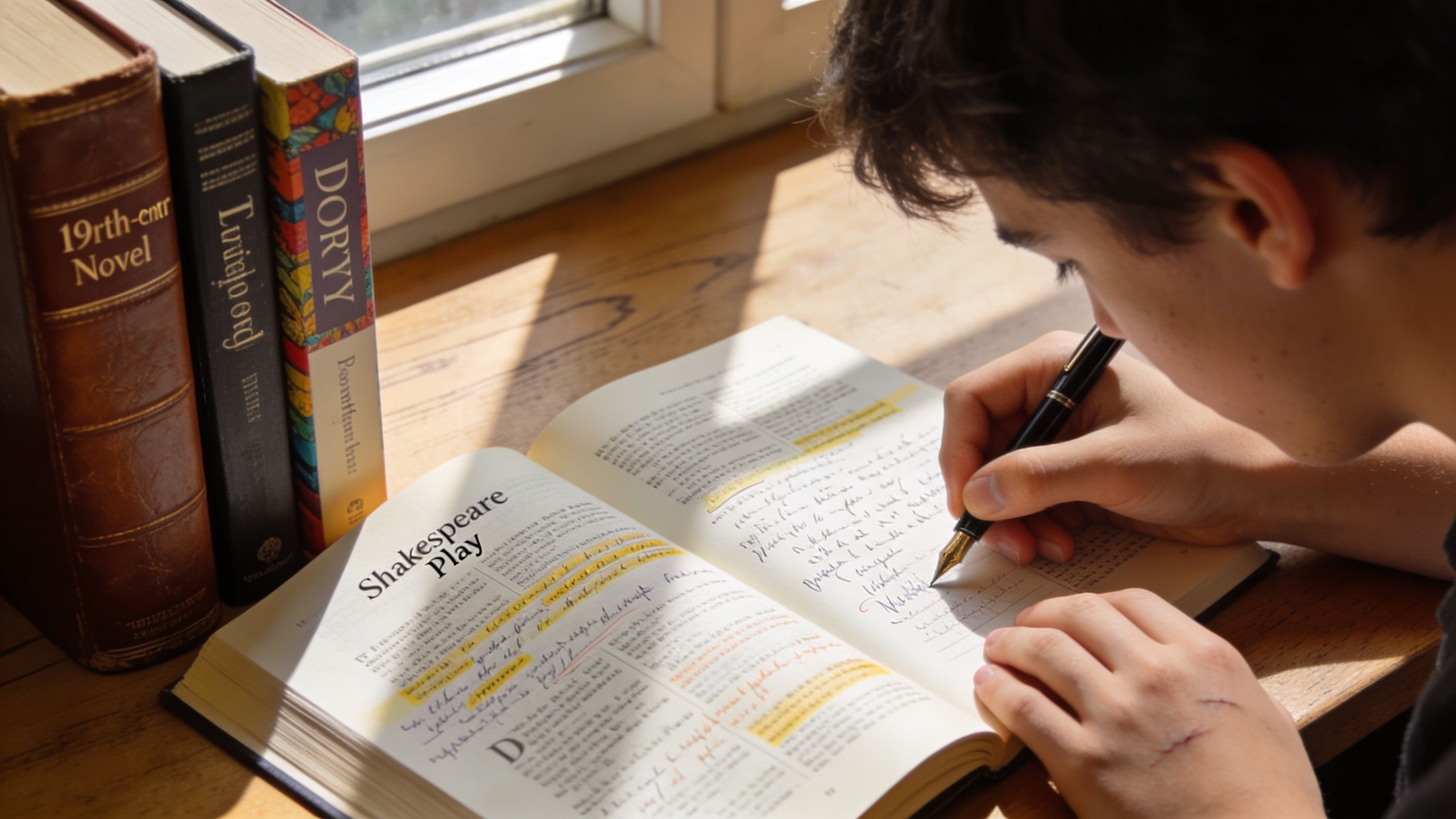 A focused student writes notes in a book while studying Shakespeare literature by a sunny window.