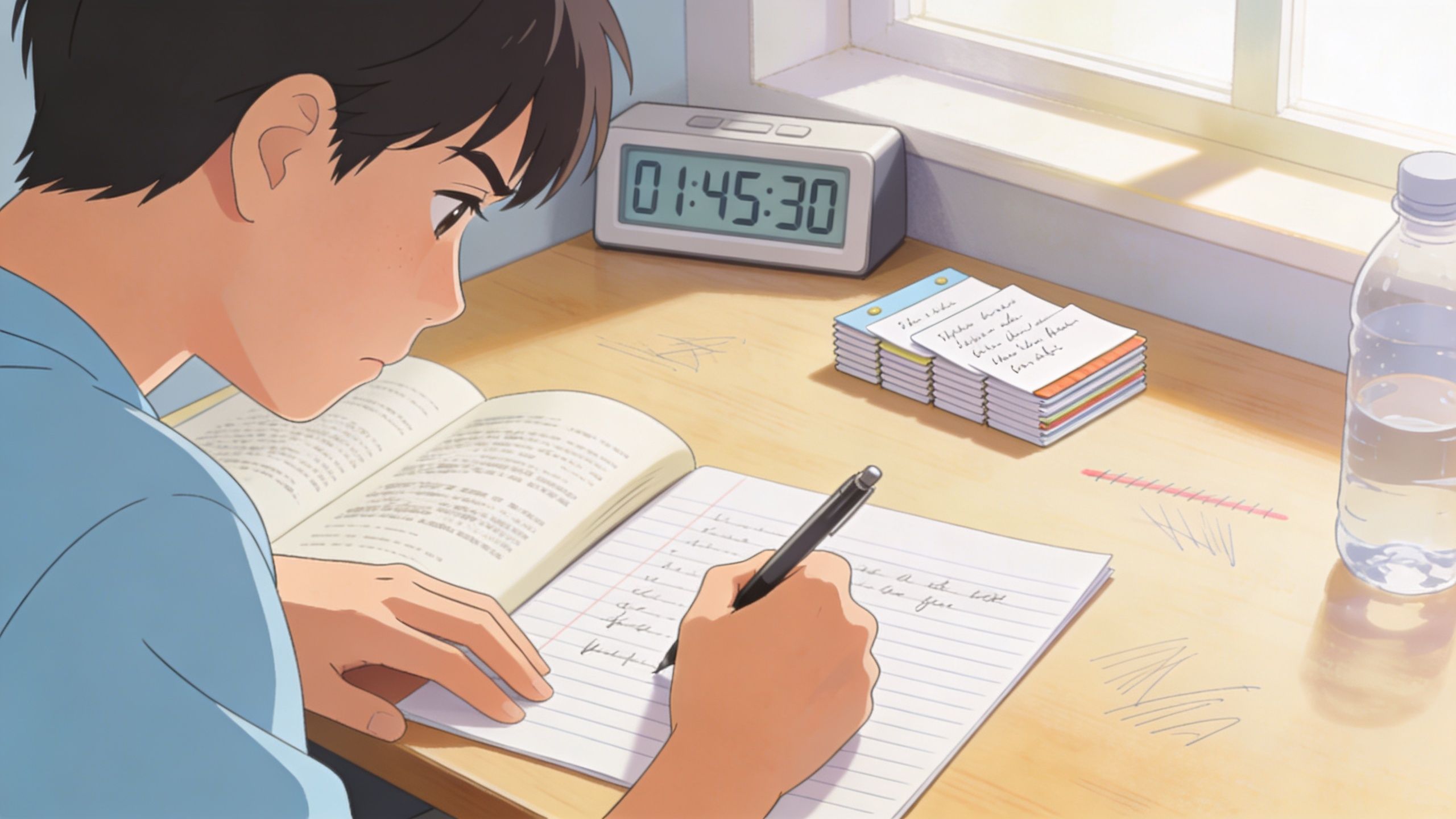 A focused student studying at a desk with a notebook, open textbook, digital clock, and water bottle.