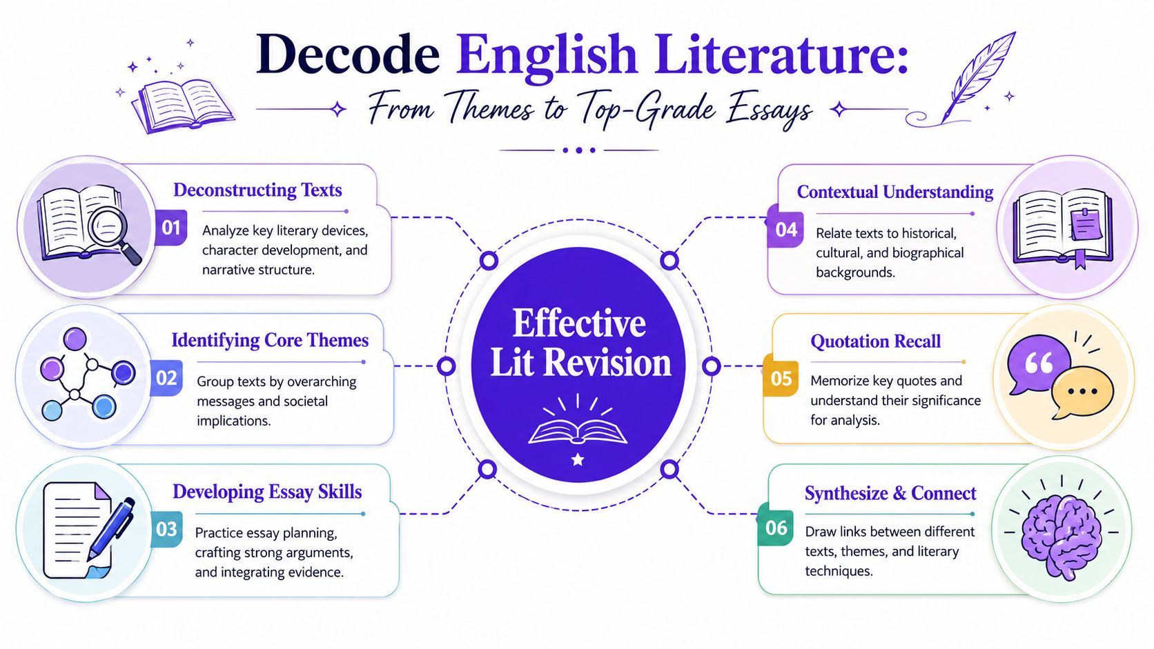 A visual guide outlining six essential steps for effective English literature revision for students.