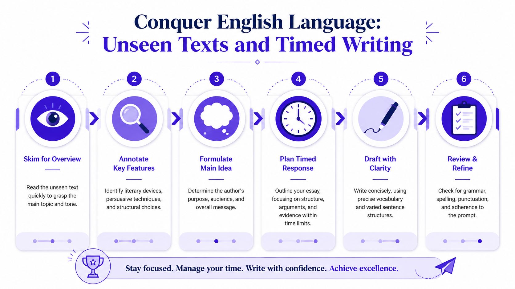 A six-step infographic on how to approach unseen texts and timed writing for English language exams.