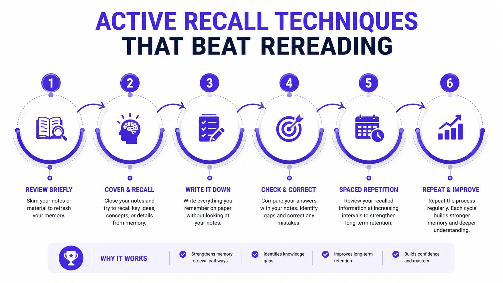 A six-step infographic detailing active recall techniques to help students improve study efficiency and memory retention.