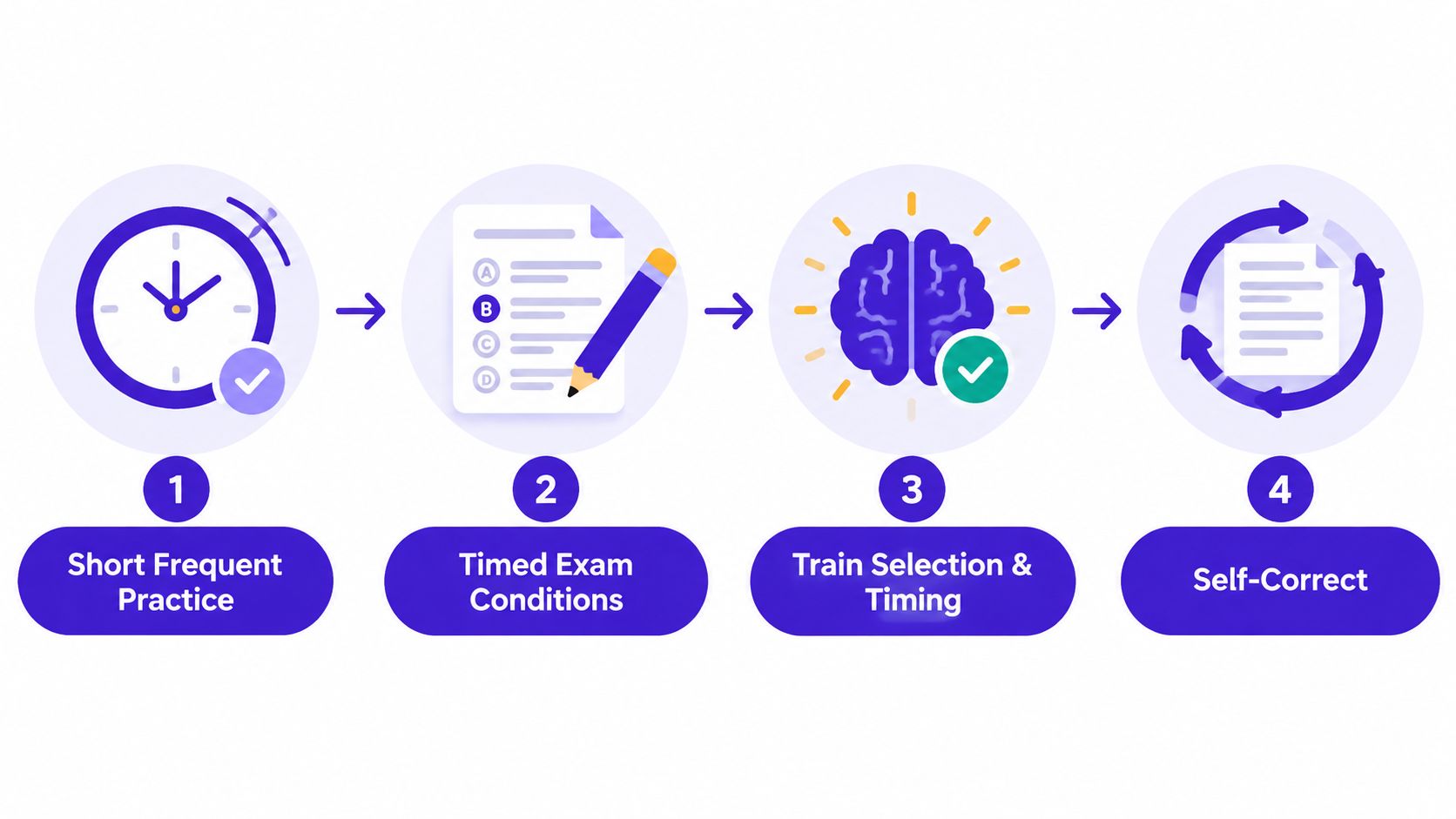 A four-step infographic illustrating study techniques including short practice, timed exams, cognitive training, and self-correction processes.