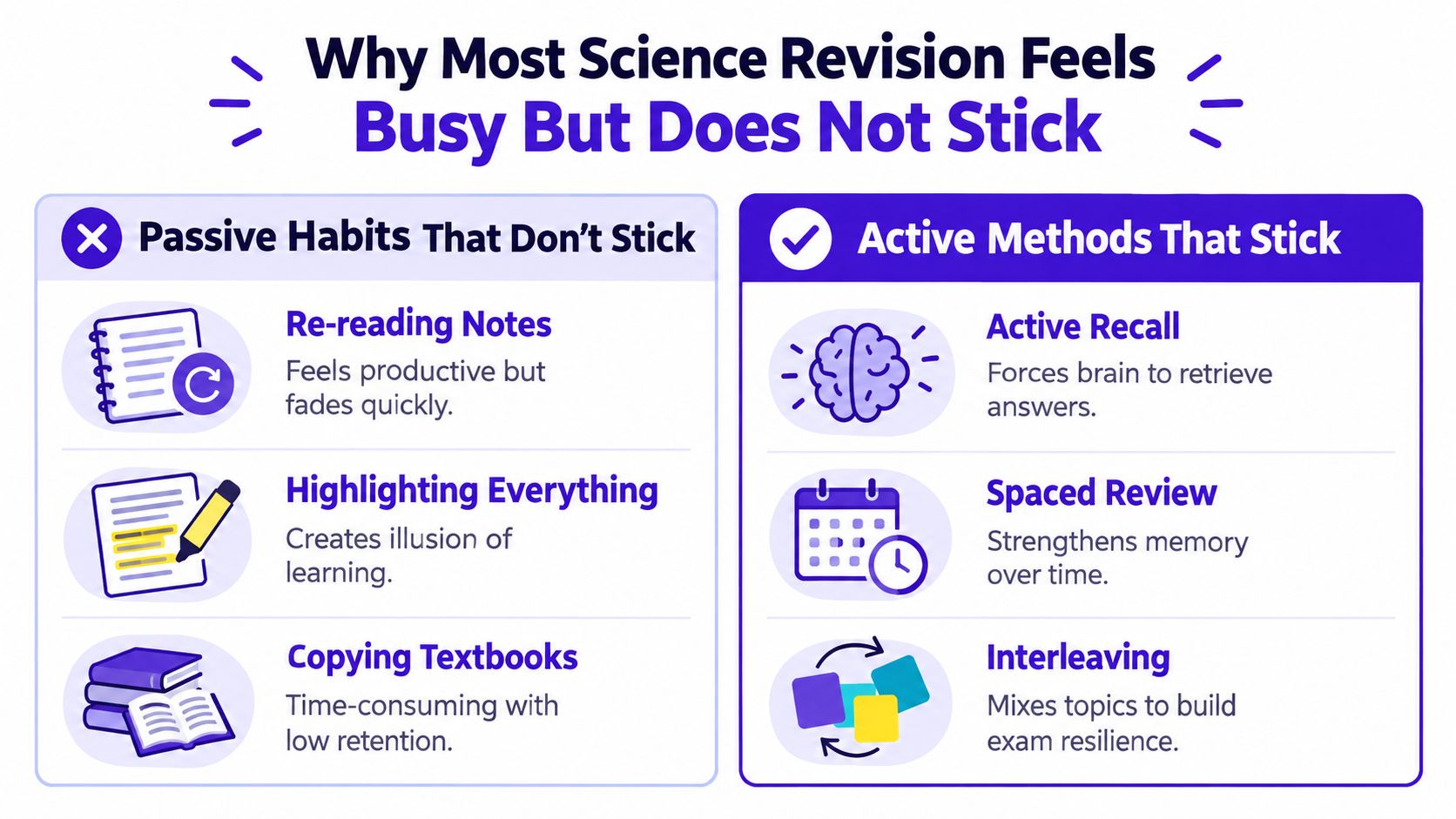 A chart comparing ineffective passive study habits against effective active learning methods for science revision.