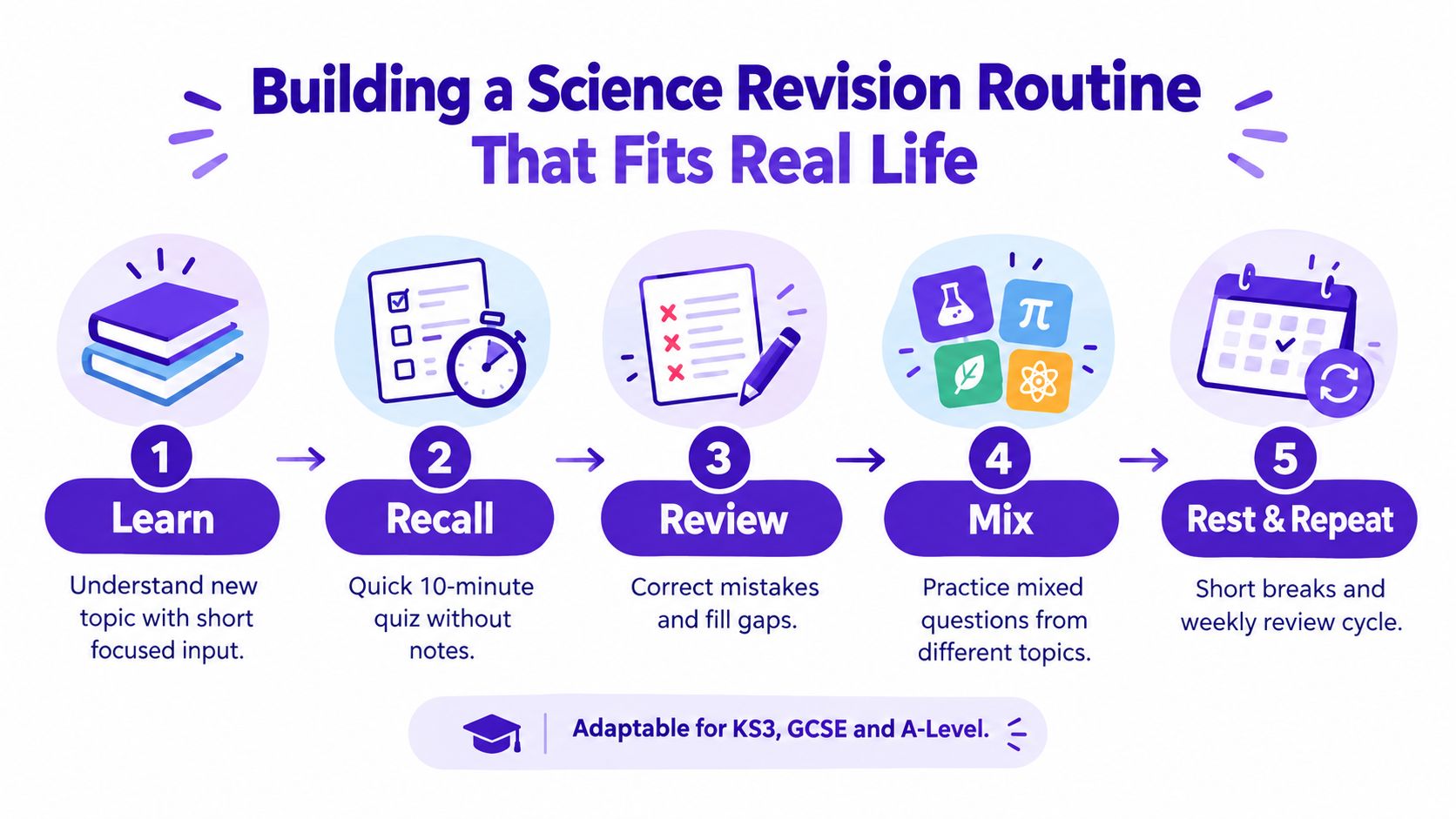 A five-step infographic guide on building an effective science revision routine for students.