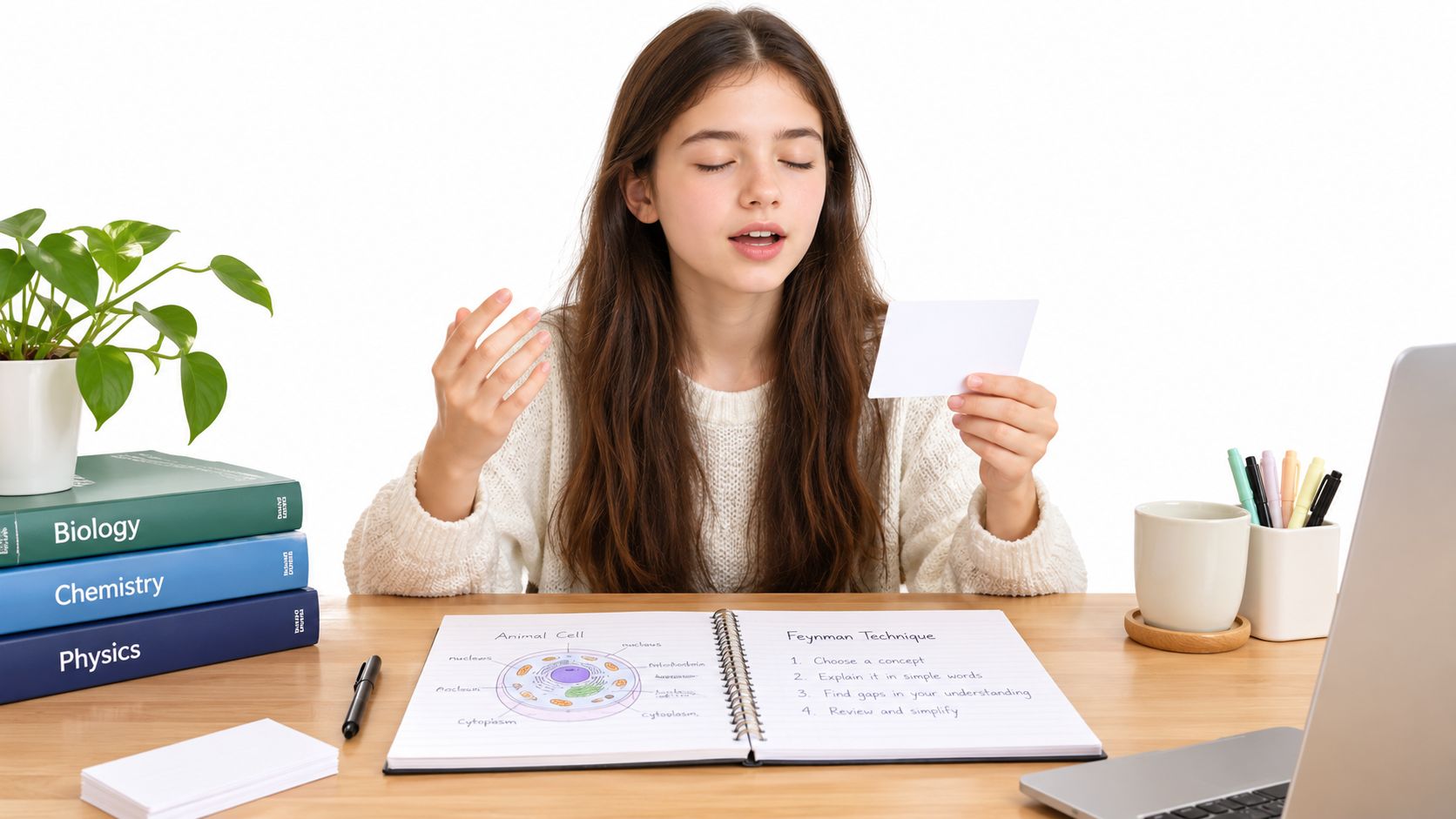 A young female student studying science concepts using the Feynman technique while seated at a desk.