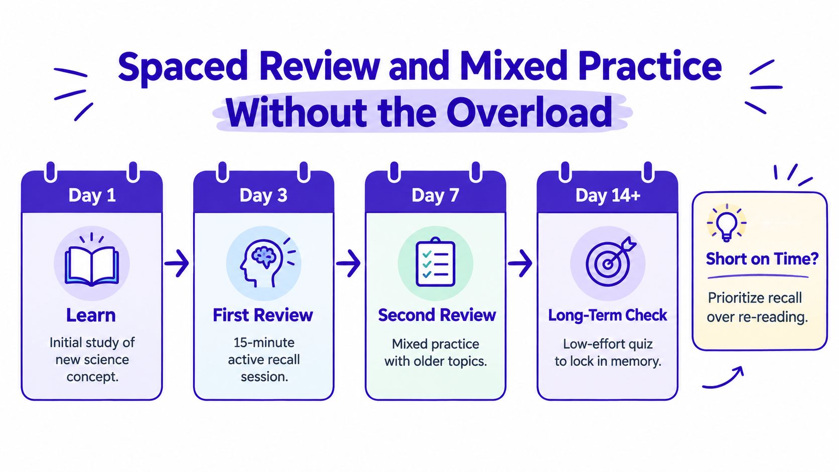 A schedule illustration showing a spaced review and mixed practice strategy for learning science effectively over time.