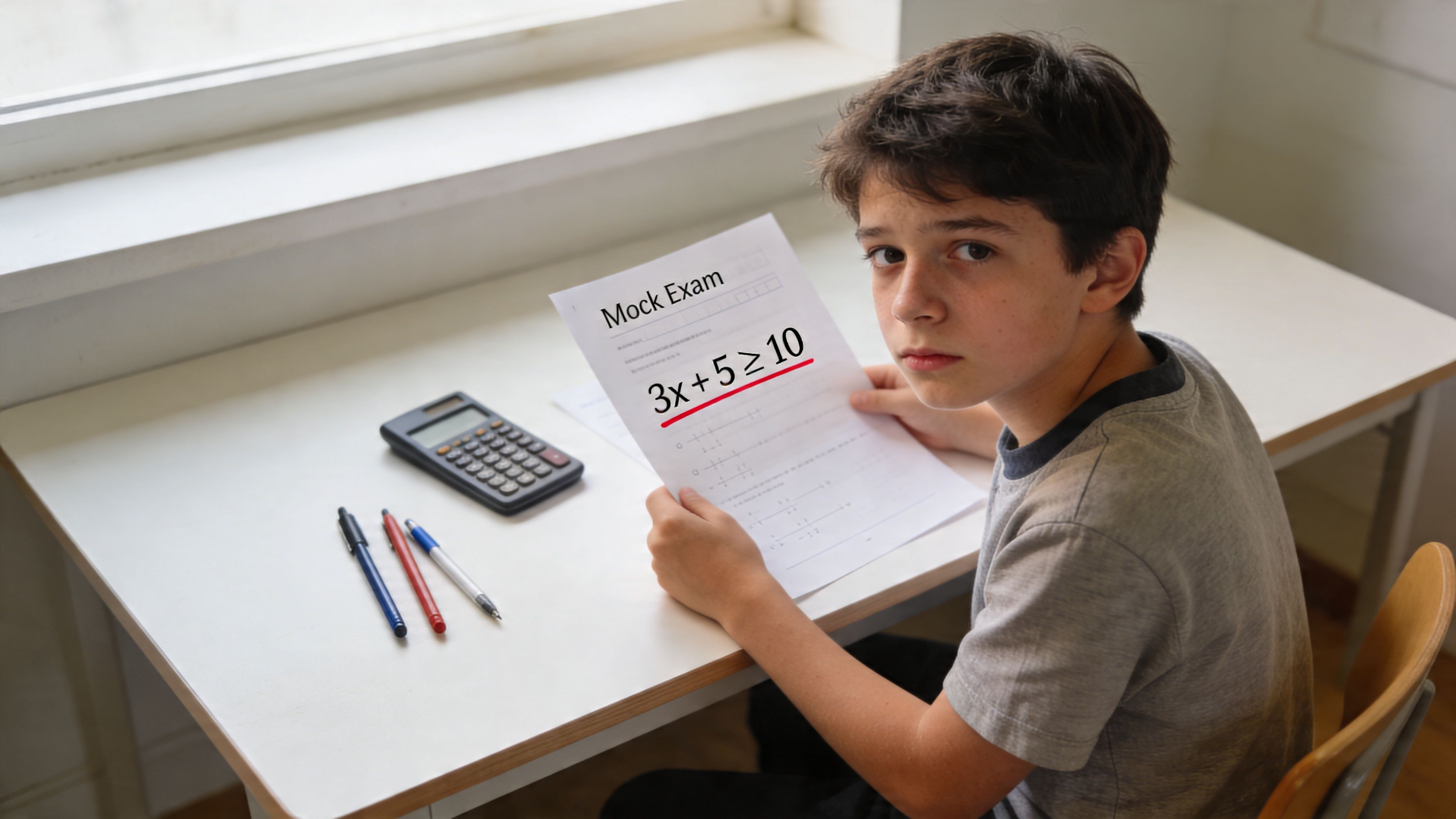 A young student sitting at a desk and holding a paper with a mathematical inequality problem.