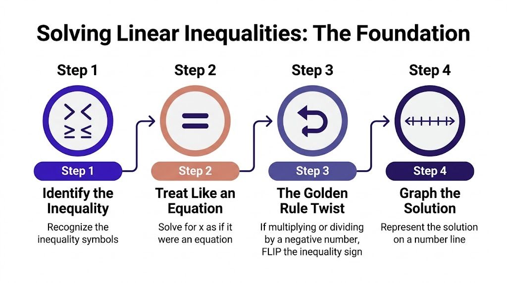 A four-step infographic explaining how to solve linear inequalities including identifying symbols and graphing the final solution.