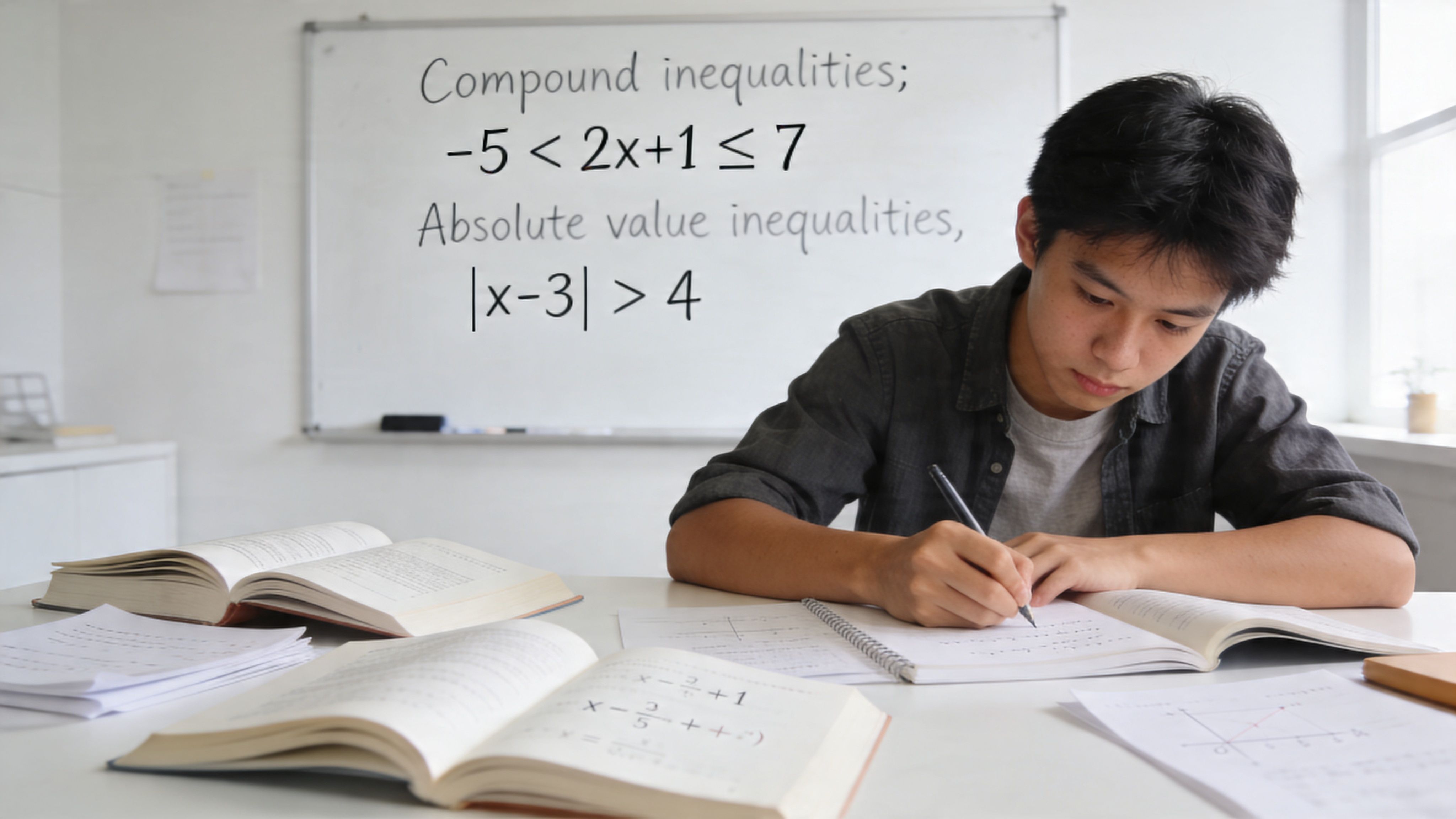 A focused Asian student studying math by solving inequality problems in his notebook at a desk.