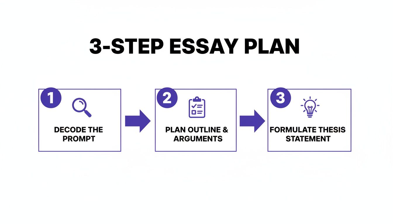 A 3-step essay planning guide showing decoding the prompt, planning outline, and formulating a thesis.