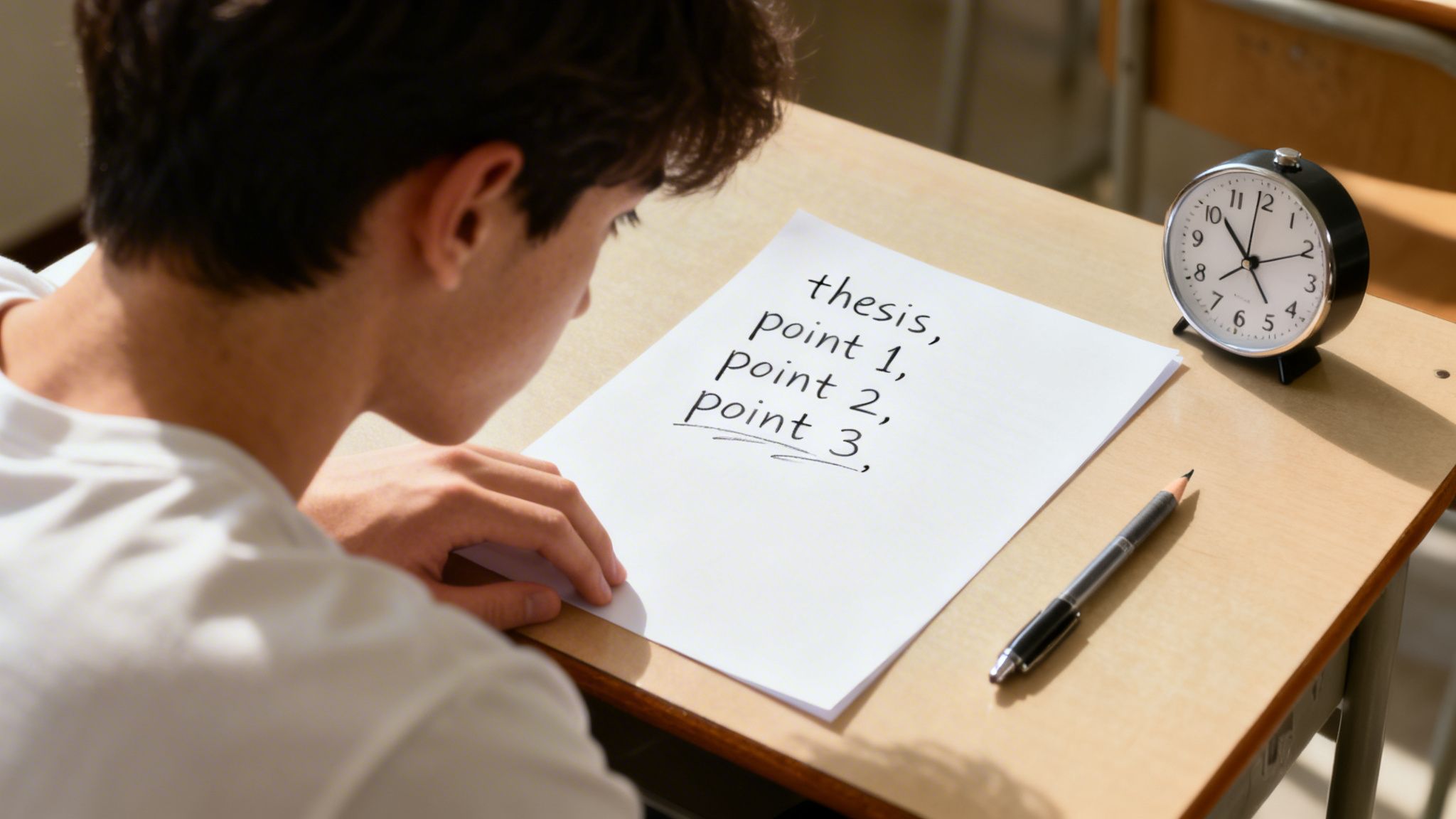 A student is seen at a desk, reviewing an essay outline with 'thesis, point 1, point 2, point 3' written on paper.