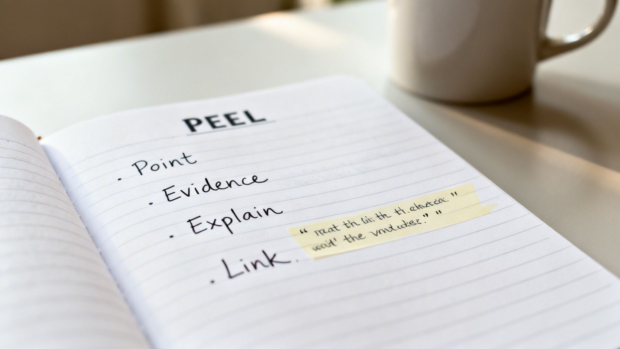 An open notebook details the PEEL essay writing method: Point, Evidence, Explain, Link.