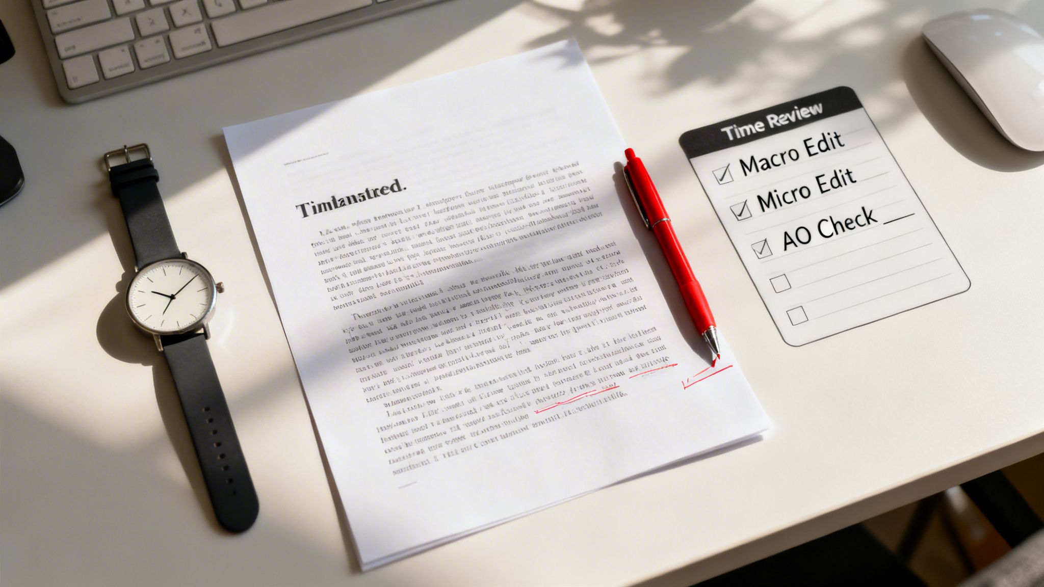 A desk with a document, red pen, and a time review checklist, suggesting editing and productivity.