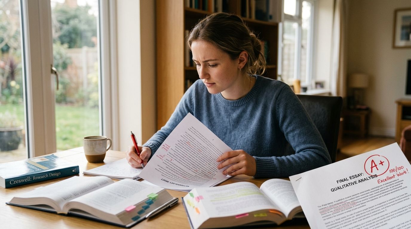A focused young woman sitting at a desk reviewing research papers while surrounded by textbooks.