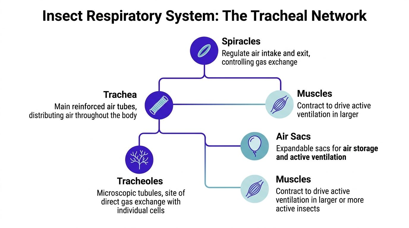 A diagram illustrating the insect respiratory system, highlighting spiracles, trachea, tracheoles, air sacs, and associated muscles.