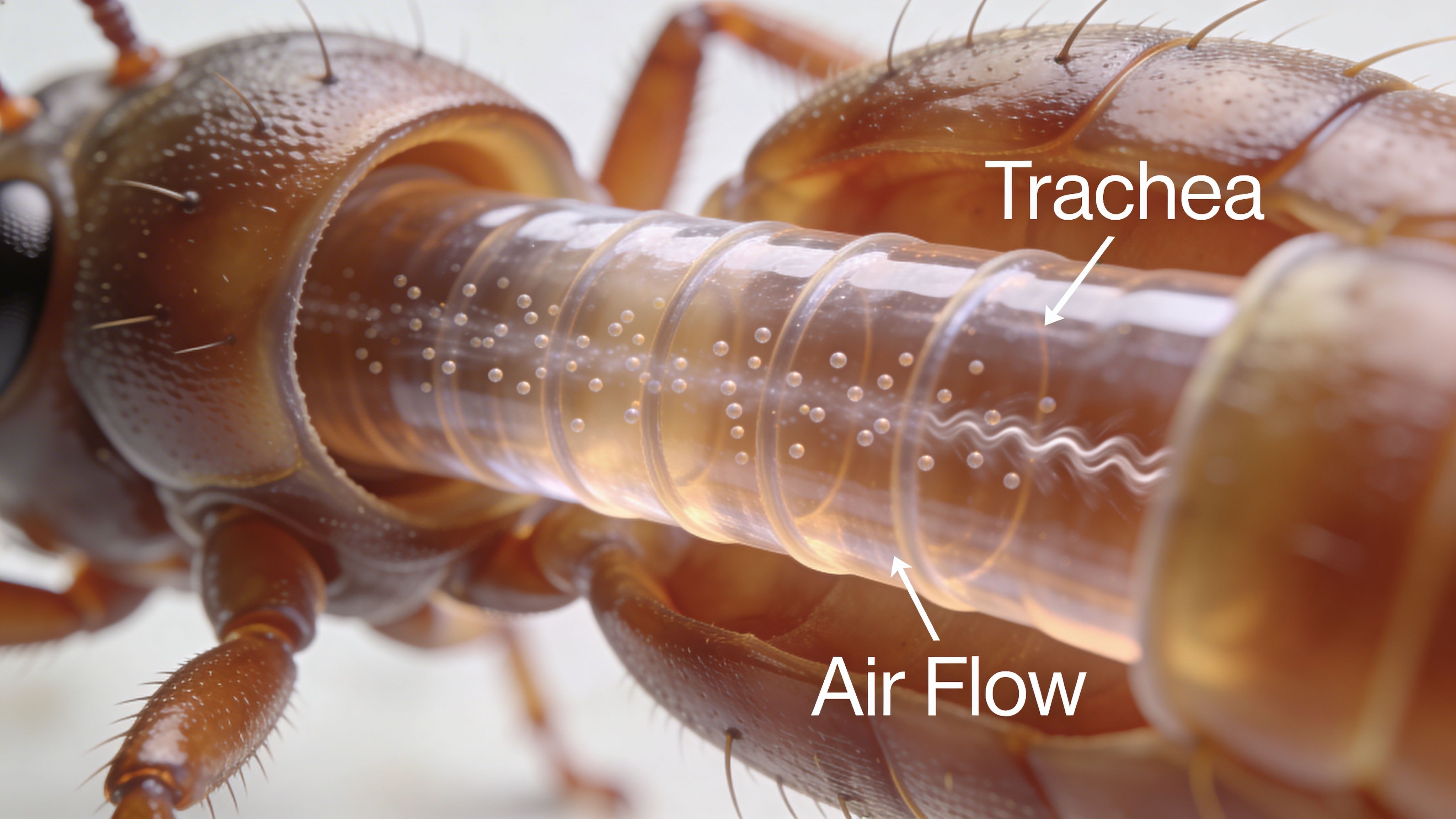 A close-up diagram showing the internal tracheal structure of an insect, illustrating the process of gas exchange.