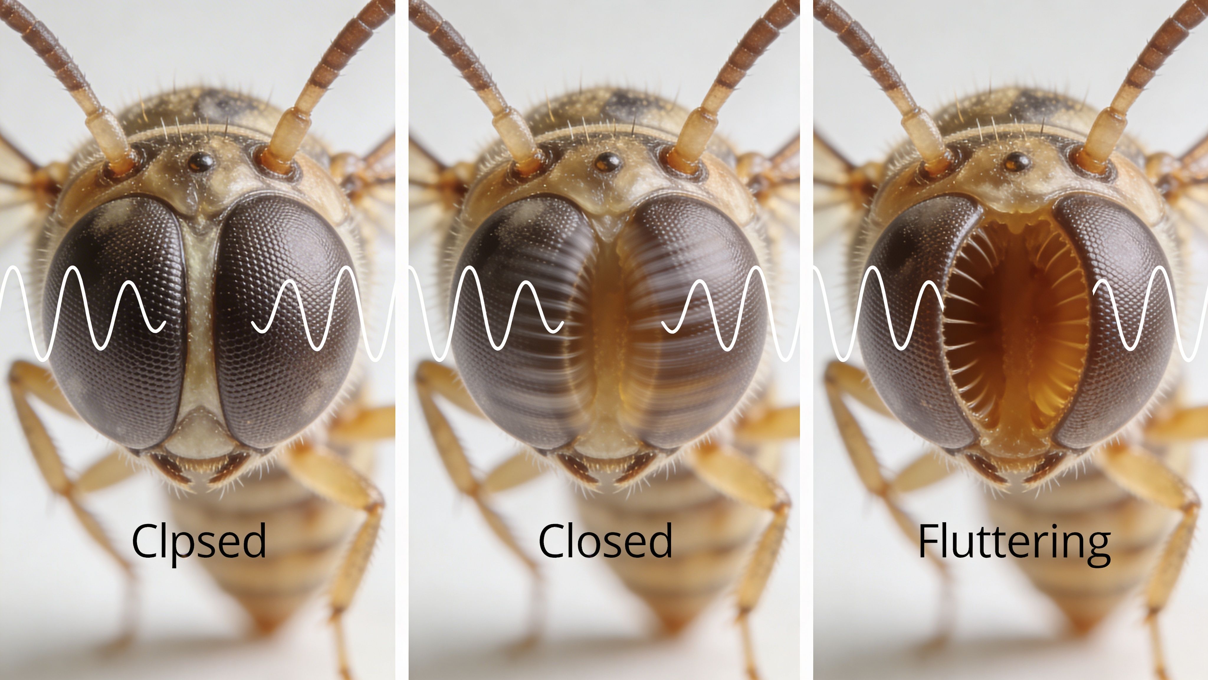 A conceptual diagram showing three stages of an insect head with spiracles labeled as Clpsed, Closed, and Fluttering.