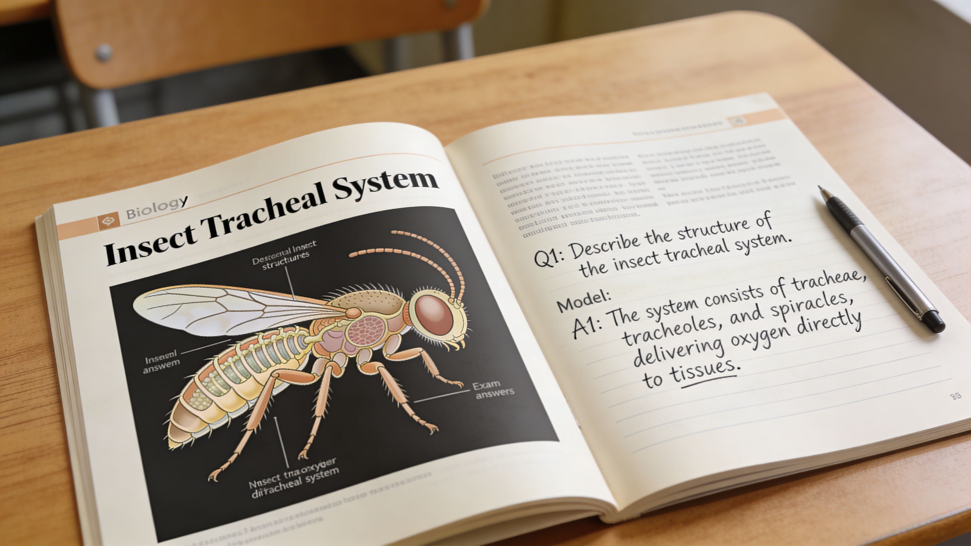 An open biology textbook page illustrating the anatomy and structure of an insect tracheal respiratory system.