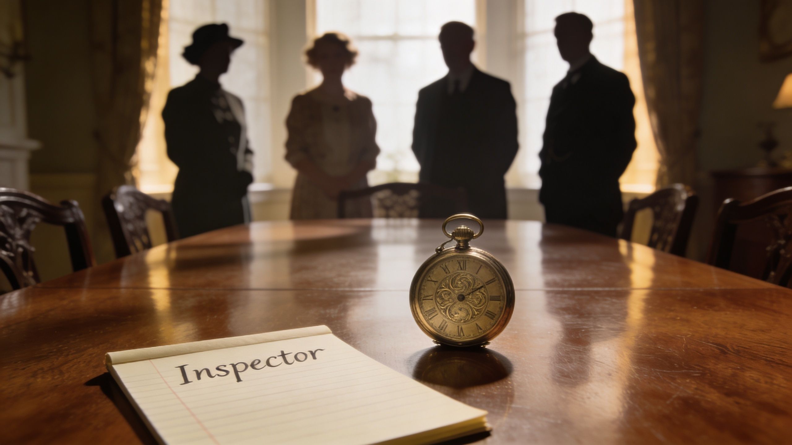 A vintage pocket watch and a notebook labeled Inspector sit on a wooden table before four silhouetted figures.