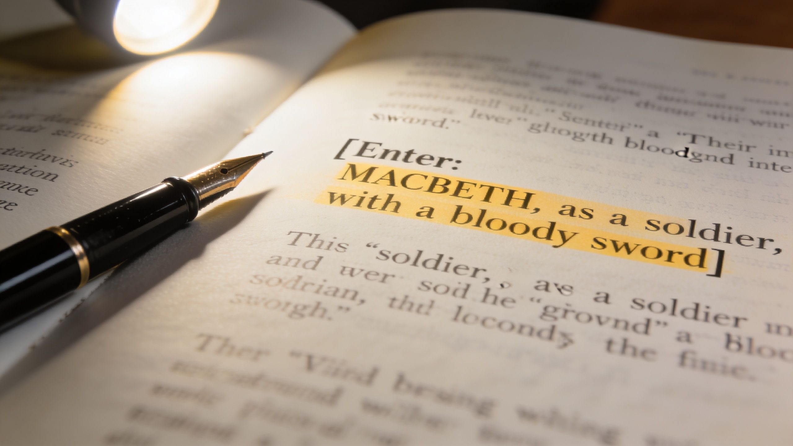 A fountain pen lying on an open book with the text Macbeth as a soldier highlighted in yellow.