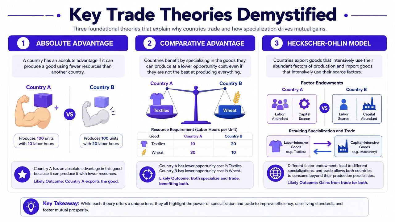 An infographic explaining three fundamental economic theories of international trade: Absolute Advantage, Comparative Advantage, and the Heckscher-Ohlin Model.