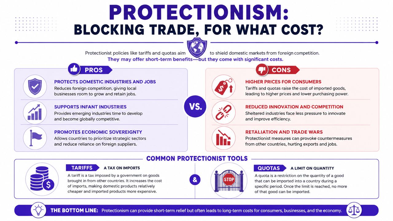 An infographic illustrating the pros and cons of protectionism in international trade including tariffs and quotas.