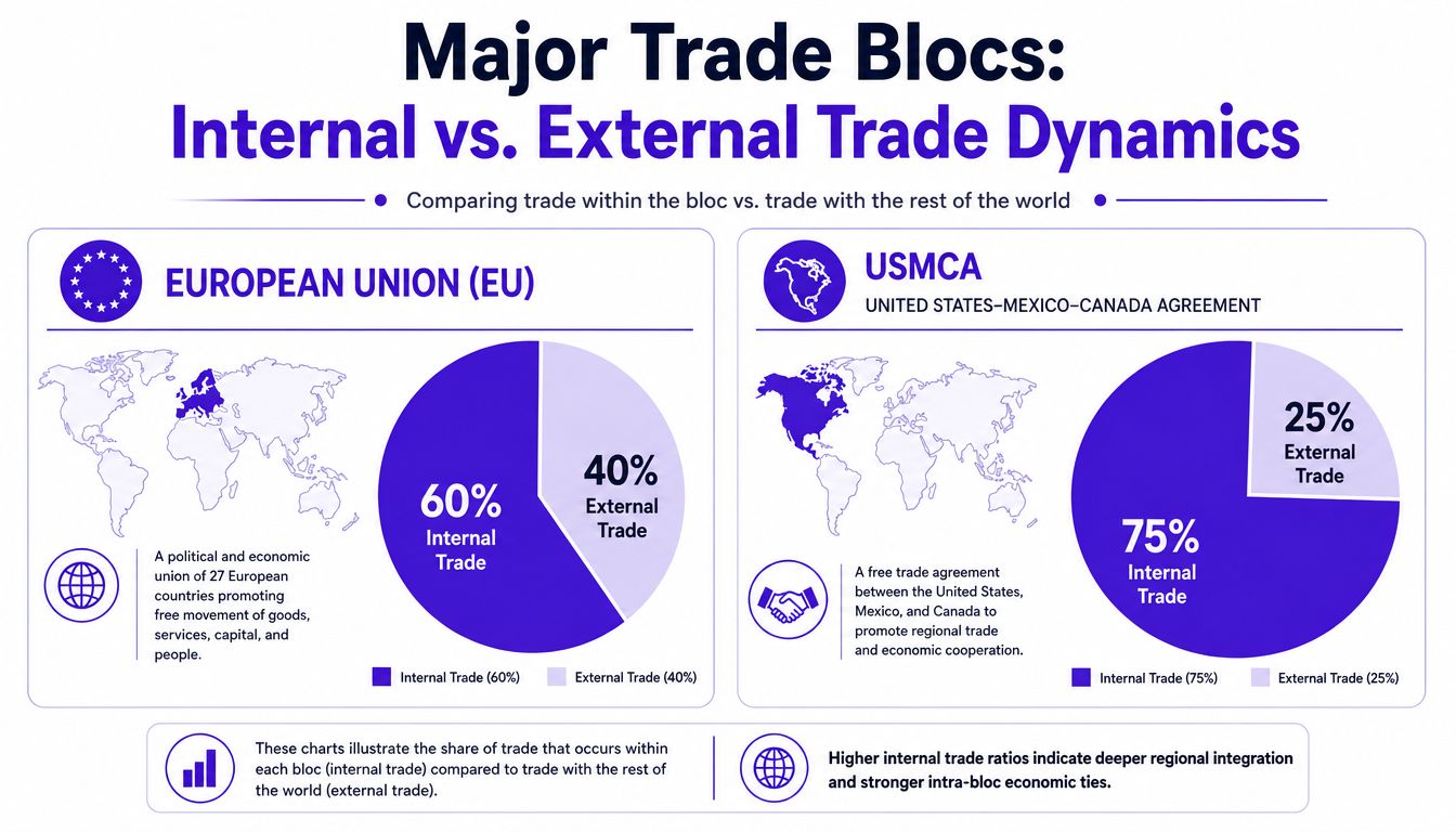 A comparison chart showing the internal versus external trade percentages for the European Union and USMCA trade blocs.