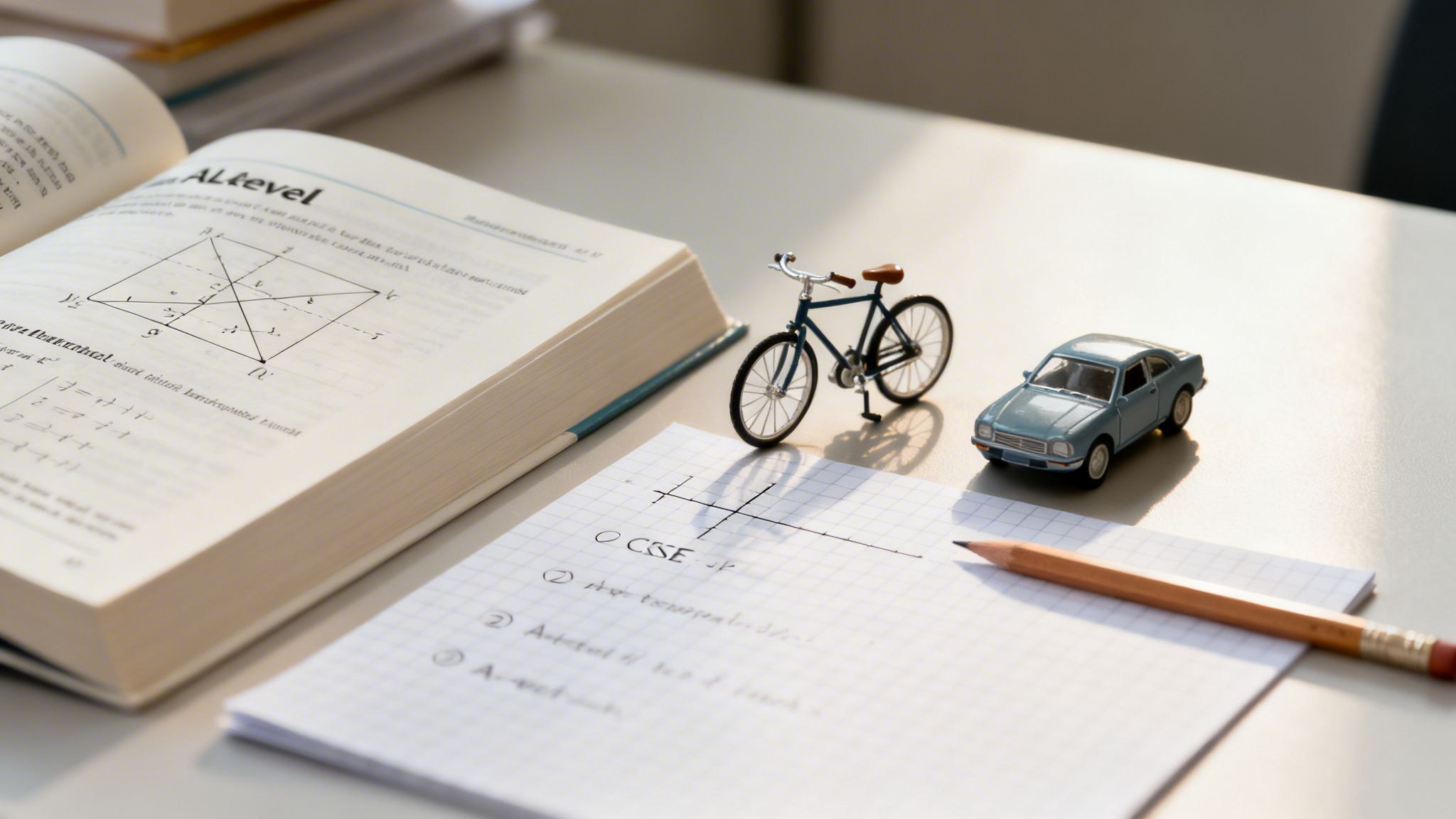 A student's desk with an open math textbook, notebook, pencil, and miniature car and bicycle.