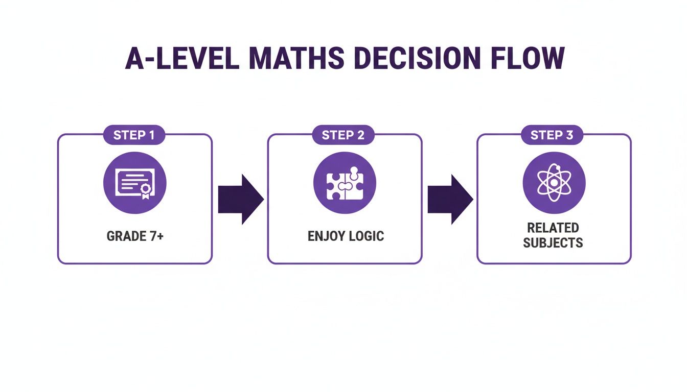 A-Level Maths decision flow diagram with three steps: Grade 7+, Enjoy Logic, Related Subjects.