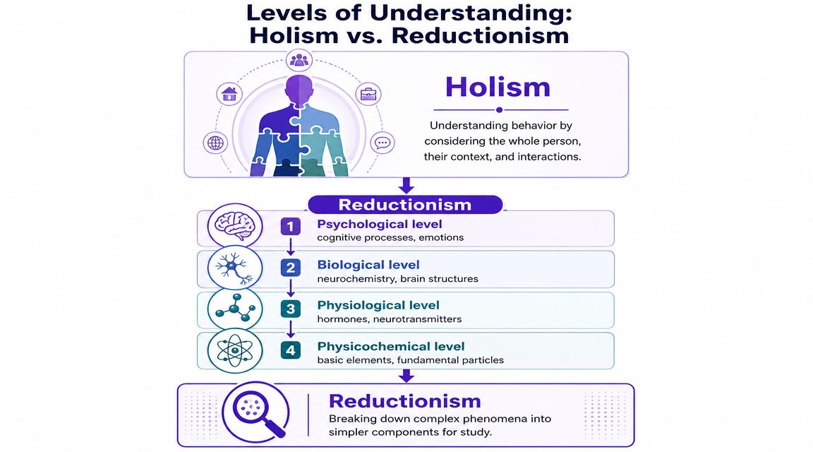 An infographic showing the contrast between holism and reductionism in psychology using layered diagrams and labels.