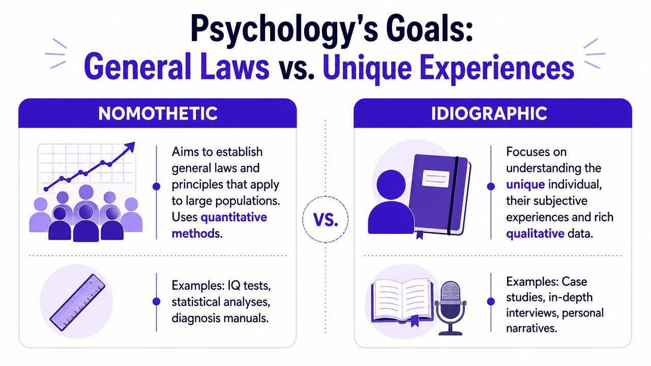An infographic comparing nomothetic and idiographic approaches to research and data analysis in the field of psychology.