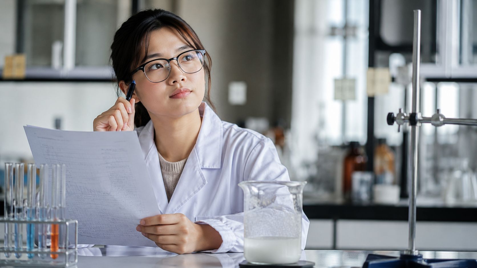 A female scientist in a white lab coat reviewing a lab report in a chemistry laboratory.